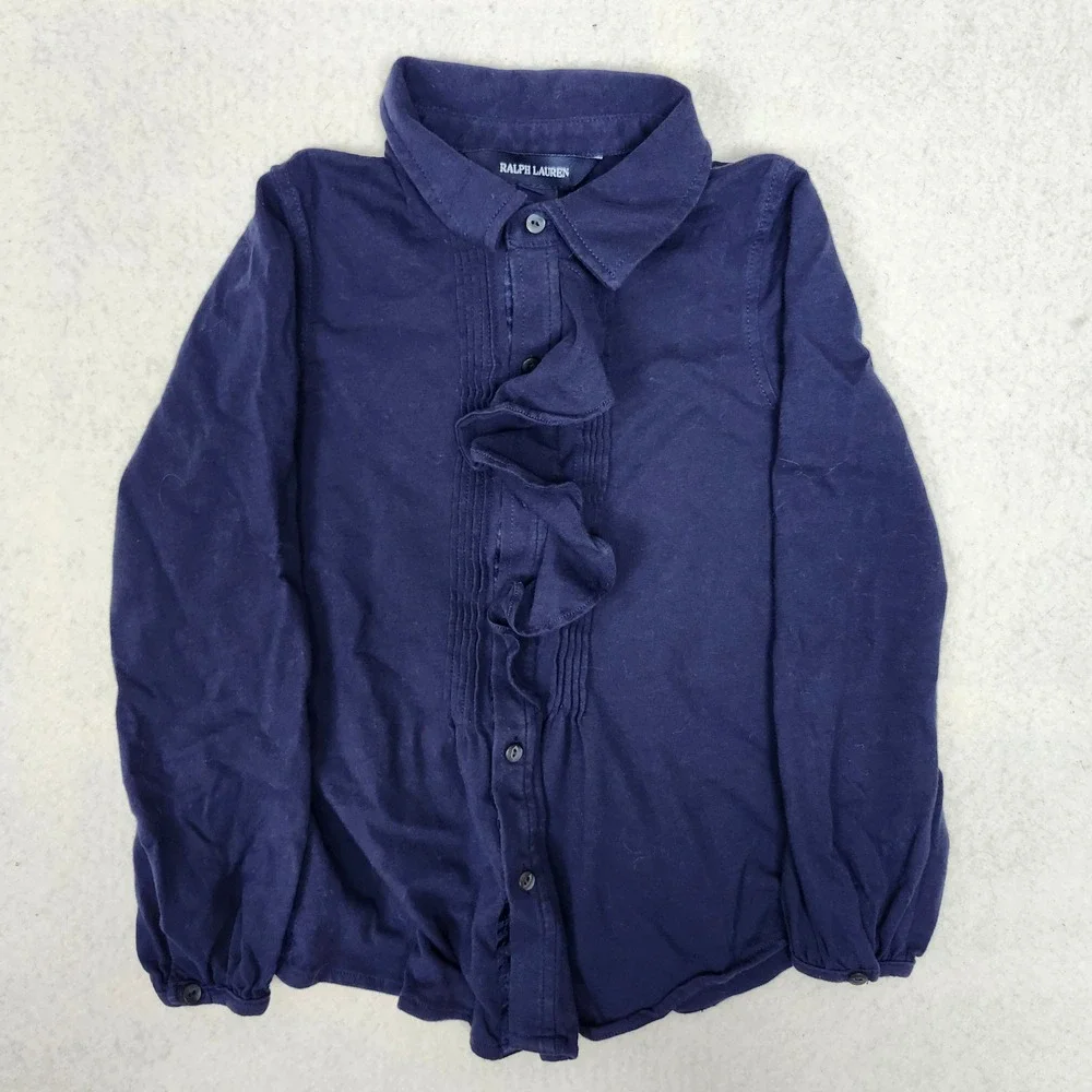 Ralph Lauren Girls Navy Ruffle Button Down Shirt Blouse Size 6 Preppy School